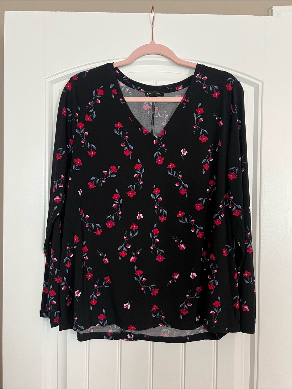 Lane Bryant Black V-Neck Long Sleeve Top with Pink-Red Floral Print